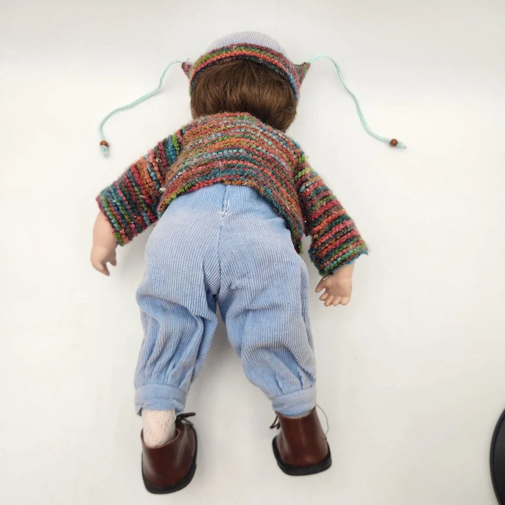 LPorcelain Boy Doll Knit Sweater‎ Blue Corduroy Overalls Brown Boots Hat